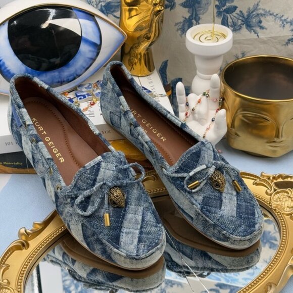🆕 KURT GEIGER LONDON 🧿 NWOT Eagle Moccasins, Denim Patchwork Sz EU37 US 7 - Picture 3 of 16